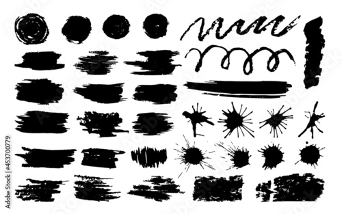 Brush strokes, ink lines, blots, drops splatter set with grunge texture on white background. Hand drawn vector illustration. Design creative abstract elements square and round
