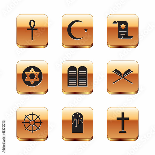 Set Cross ankh, Dharma wheel, Easter cake, The commandments, Star of David, Torah scroll, Christian cross and crescent icon. Vector