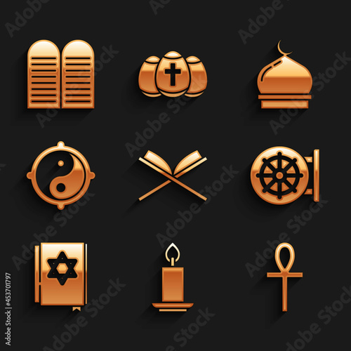Set Holy book of Koran  Burning candle  Cross ankh  Dharma wheel  Jewish torah  Yin Yang  Muslim Mosque and The commandments icon. Vector