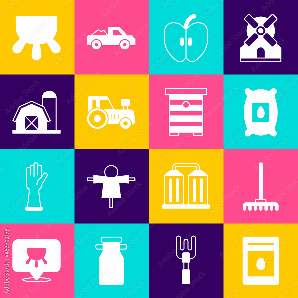 Set Pack full of seeds of plant, Garden rake, Apple, Tractor, Farm house, Udder and Hive for bees icon. Vector Set Pack full of seeds of plant, Garden rake, Apple, Tractor, Farm house, Udder and Hive for bees icon. Vector
