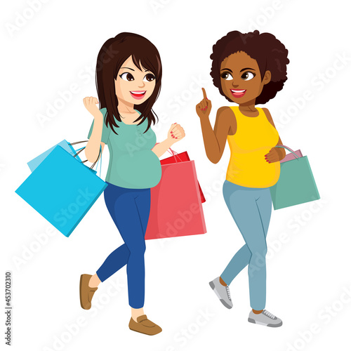 Two beautiful pregnant women friends walking together with shopping bags