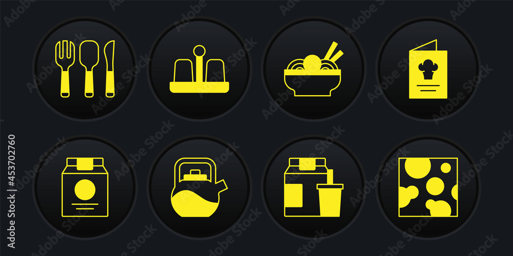 Set Online ordering and delivery, Cookbook, Kettle with handle, Asian noodles bowl, Salt pepper, Cheese and Fork, spoon knife icon. Vector Set Online ordering and delivery, Cookbook, Kettle with handle, Asian noodles bowl, Salt pepper, Cheese and Fork, spoon knife icon. Vector