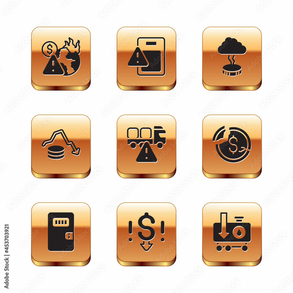 Set Global economic crisis, Prison cell door, Dollar rate decrease, Stop delivery cargo truck, Storm, Drop in crude oil price and icon. Vector Set Global economic crisis, Prison cell door, Dollar rate decrease, Stop delivery cargo truck, Storm, Drop in crude oil price and icon. Vector