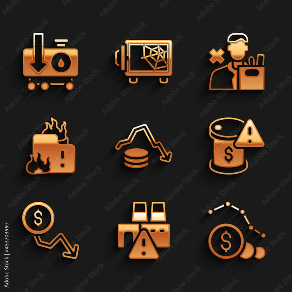 Set Dollar rate decrease, Shutdown of factory, Drop in crude oil price, Fire burning house, Employee dismissal and icon. Vector Set Dollar rate decrease, Shutdown of factory, Drop in crude oil price, Fire burning house, Employee dismissal and icon. Vector