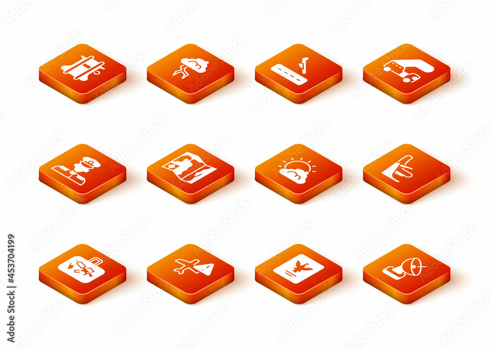 Set Suitcase, Warning aircraft, Pilot, World travel map, Passport, Sun and cloud weather, Radar and Airplane seat icon. Vector Set Suitcase, Warning aircraft, Pilot, World travel map, Passport, Sun and cloud weather, Radar and Airplane seat icon. Vector