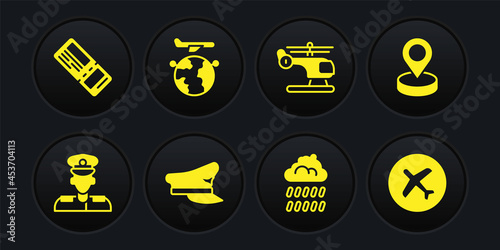 Set Pilot, Location, hat, Cloud with rain, Helicopter, Globe flying plane, Plane and Airline ticket icon. Vector