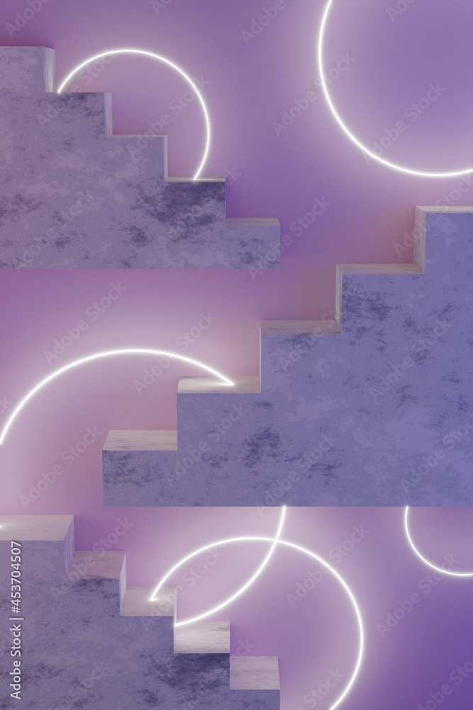 Violet neon modern design template with stairs 3d render and glowing circles. Abstract 3d render mockup. Minimal style. 