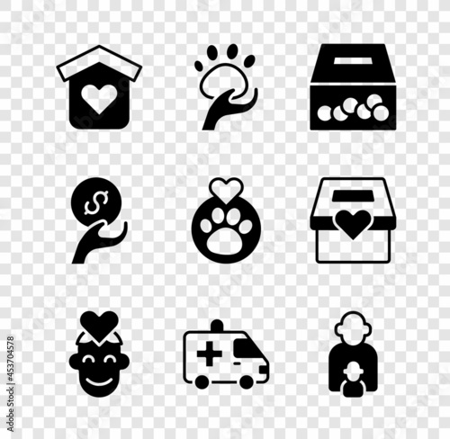 Set Shelter for homeless, Animal volunteer, Donation and charity, Volunteer, Ambulance car, Taking care of children, and Heart with animals footprint icon. Vector