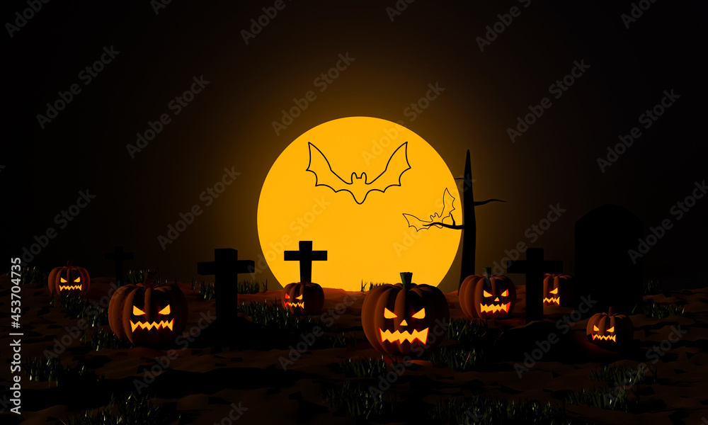 Halloween pumpkins with a cemetery and flying bat at moonlight spooky night. 3D rendering