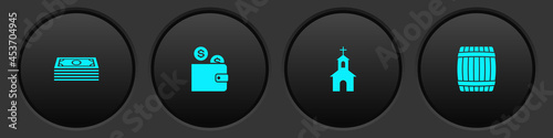 Set Stacks paper money cash, Wallet with coin, Church building and Wooden barrel icon. Vector
