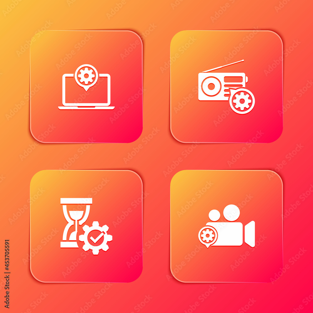 Set Laptop setting, Radio, Hourglass and Video camera icon. Vector