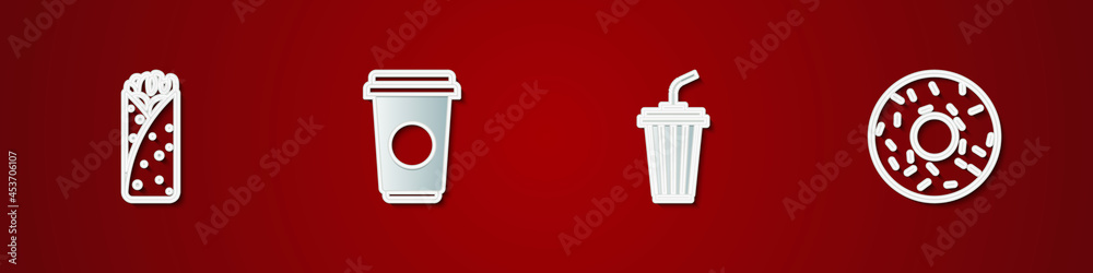 Set Burrito, Coffee cup, Glass with water and Donut icon. Vector Set Burrito, Coffee cup, Glass with water and Donut icon. Vector