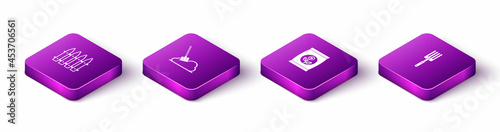 Set Isometric Garden fence, Shovel in the ground, Fertilizer bag and fork icon. Vector