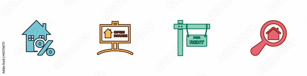 Set House with percant, Hanging sign Open house, For Rent and Search icon. Vector Set House with percant, Hanging sign Open house, For Rent and Search icon. Vector