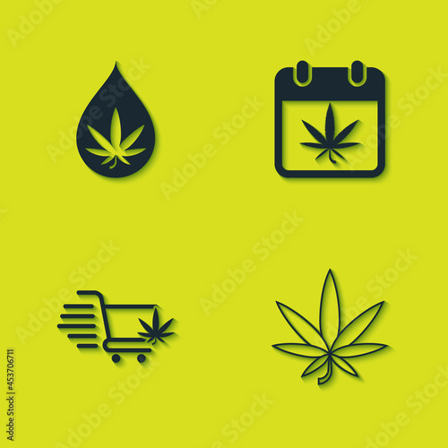 Set Marijuana or cannabis leaf oil, , Shopping cart with marijuana and Calendar and icon. Vector