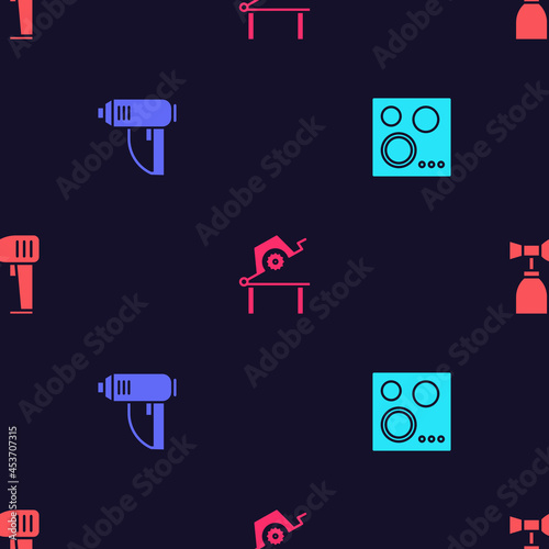Set Gas stove, Electric industrial dryer, Table saw for woodwork and Paint spray gun on seamless pattern. Vector