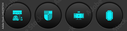 Set Racing simulator cockpit, Shield for game, Live streaming online and Poker table icon. Vector