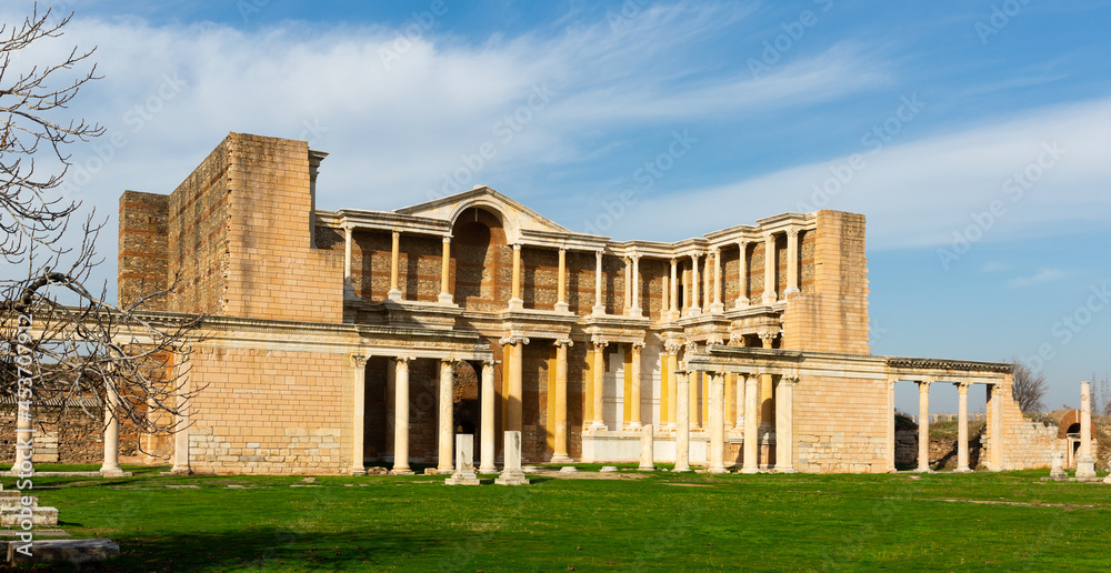 View of ruins of Marble court in ancient Roman bath gymnasium complex in Sardis, Salihli, Turkey