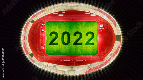 Top view of football field with number 2021 photo