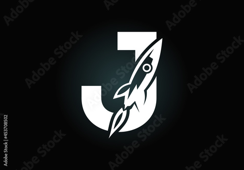 Initial J monogram letter alphabet with a Rocket logo design. Rocket icon. Font emblem. Modern vector logo for business and company identity.