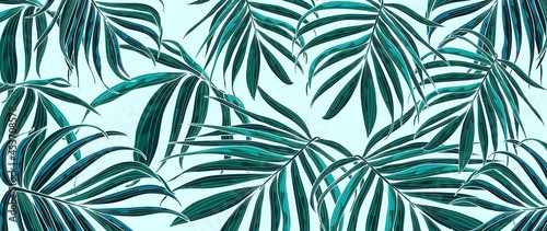 Minimal green tropical leaves background vector. Botanical and jungle leaves line art summer exotic concept. Design for wallpaper poster, cover, invitation card background. © TWINS DESIGN STUDIO