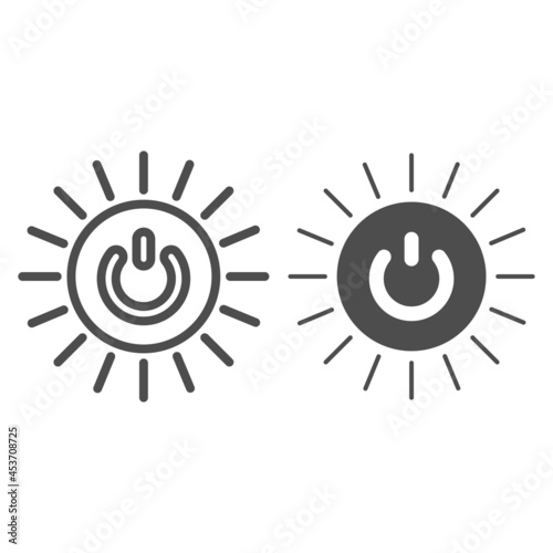 Round switch on off button with sun rays line and solid icon, energy concept, source of power vector sign on white background, outline style icon for mobile concept and web design. Vector graphics.