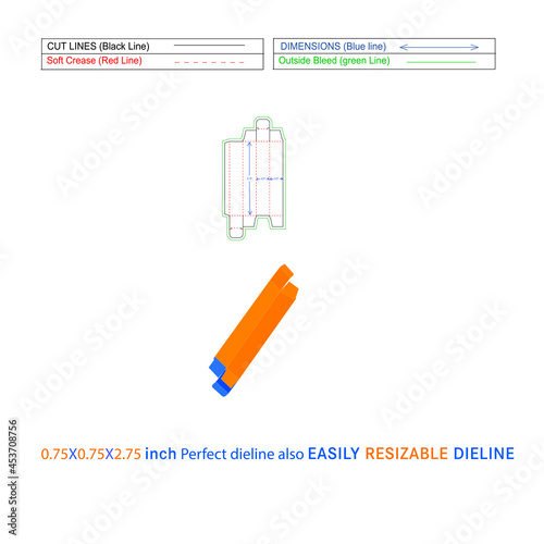 Reverse tuck end folding box food cardboard box (0.75x0.75x2.75) inch Dieline template and 3D vector file
