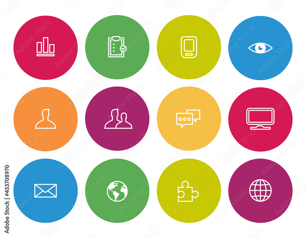 Conjunto de iconos de comunicación. Ilustración vectorial, estilo círculo de colores Conjunto de iconos de comunicación. Ilustración vectorial, estilo círculo de colores