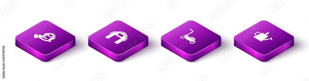 Set Isometric Farm house in hand, , Lawn mower and Watering can icon. Vector Set Isometric Farm house in hand, , Lawn mower and Watering can icon. Vector