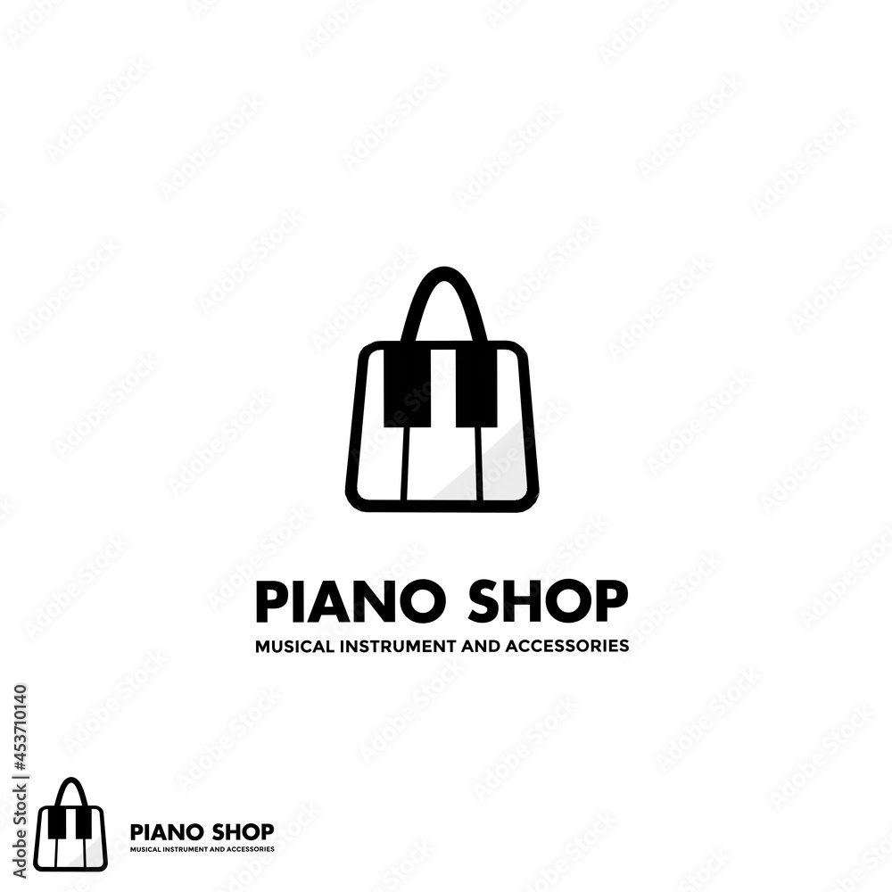 Piano shop logo template icon, piano with bag logo design concept