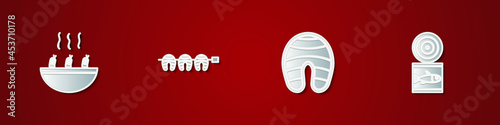 Set Soup with shrimps, Grilled fish steak, Fish and Canned icon. Vector