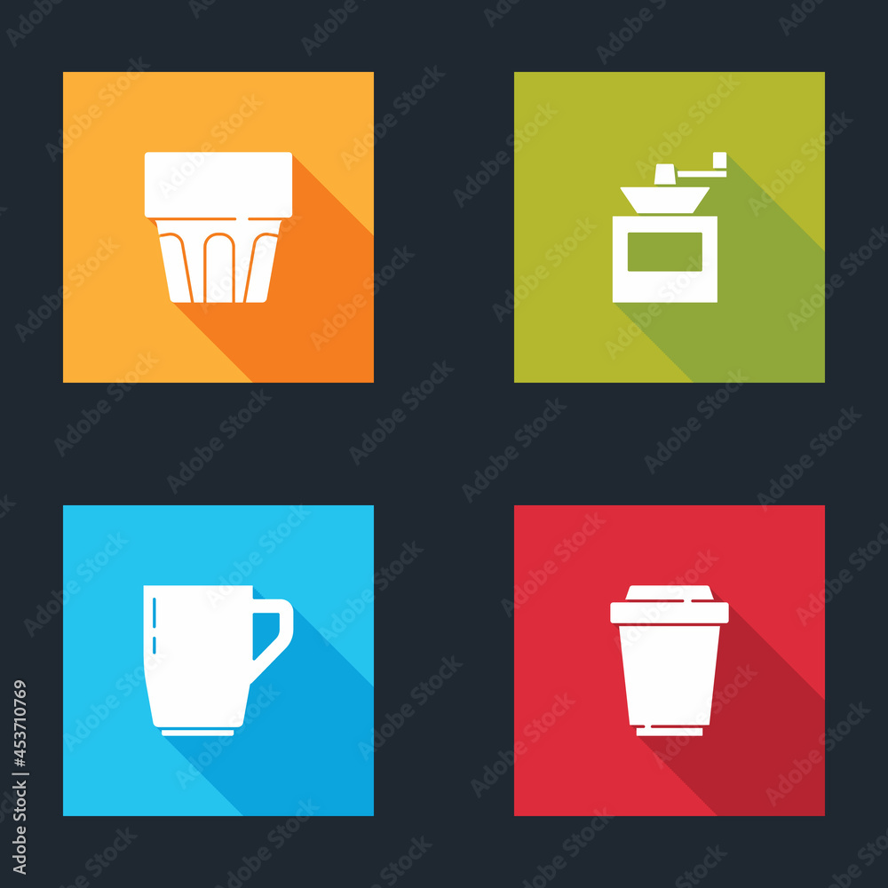Set Glass with water, Manual coffee grinder, Coffee cup and to go icon. Vector