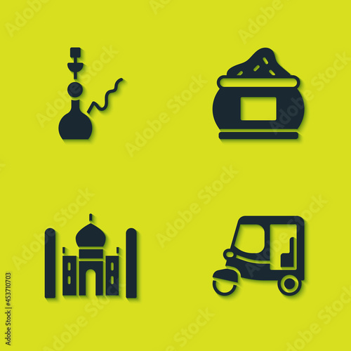 Set Hookah, Taxi tuk tuk, Taj Mahal and Indian spice icon. Vector