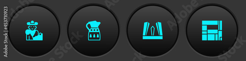 Set Bullfight, matador, Sangria pitcher, Gate of Europe and House Edificio Mirador icon. Vector