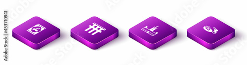 Set Isometric Olives in can, Aqueduct of Segovia, Montjuic castle and Churros and chocolate icon. Vector