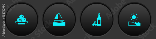 Set Olives on plate, Yacht sailboat, Bottle of olive oil and Beach icon. Vector