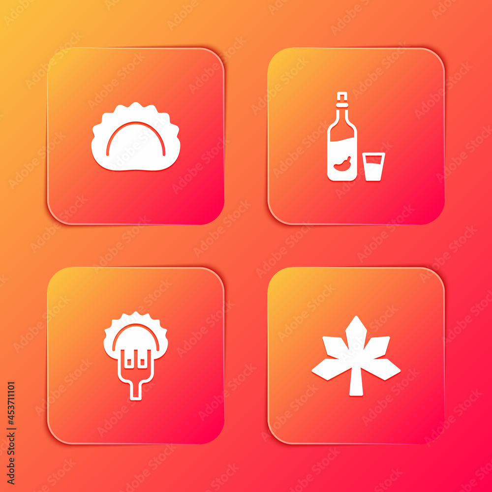 Set Dumplings, Vodka with pepper and glass, on fork and Chestnut leaf icon. Vector