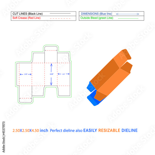 Custom RTE reverse tuck end folding box (2.50x2.50x4.50) inch  box Dieline template and 3D vector file