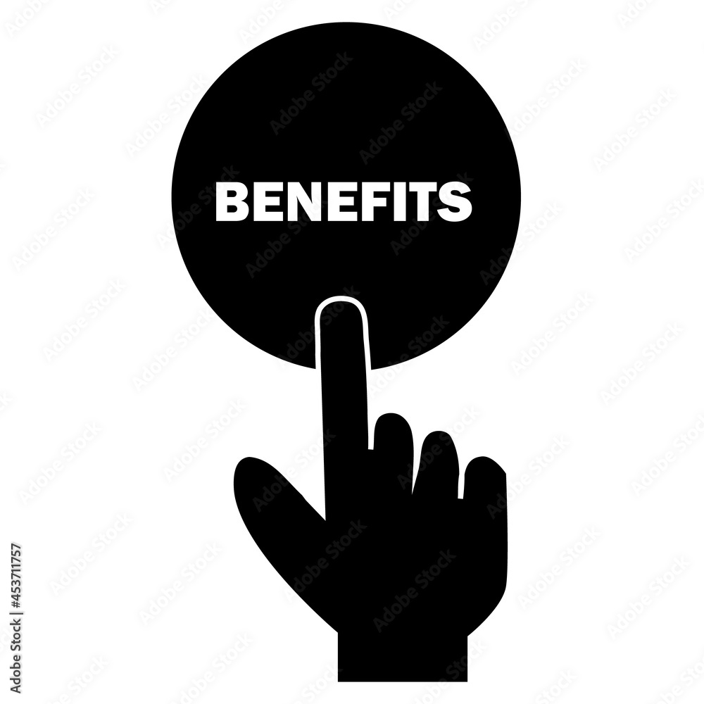Hand pressing a button with the text BENEFITS icon on white background. Benefits sign. Benefits icon hand press button. flat style. Hand pressing a button with the text BENEFITS icon on white background. Benefits sign. Benefits icon hand press button. flat style.