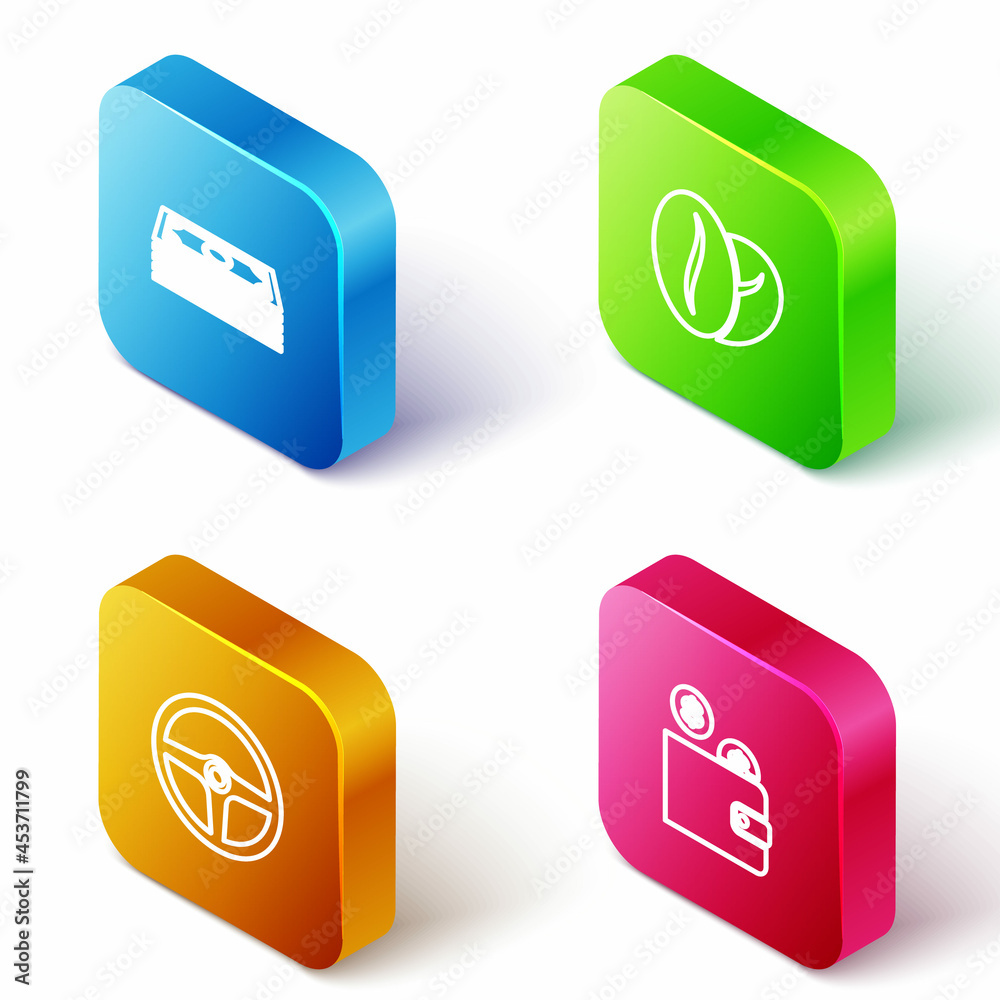 Set Isometric line Stacks paper money cash, Coffee beans, Steering wheel and Wallet with coin icon. Vector Set Isometric line Stacks paper money cash, Coffee beans, Steering wheel and Wallet with coin icon. Vector