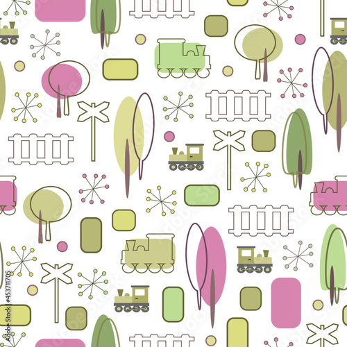 seamless pattern with trains and railway retro