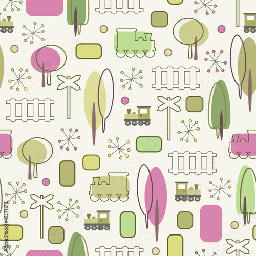 seamless pattern with trains and railway retro
