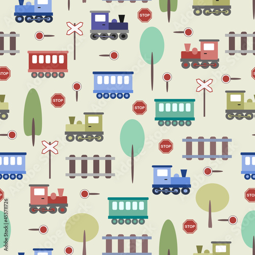 Seamless pattern with trains and railway