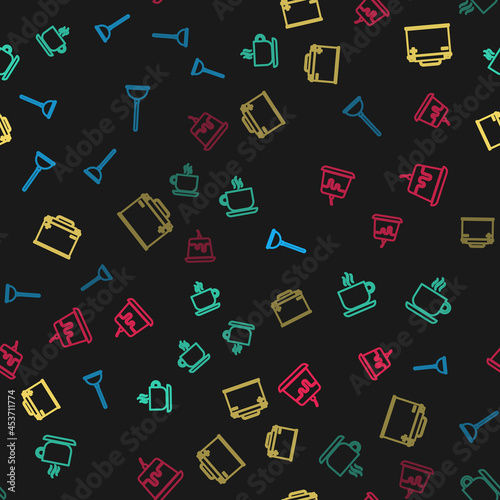 Set line Rubber plunger, Coffee cup, Car battery and Pudding custard on seamless pattern. Vector