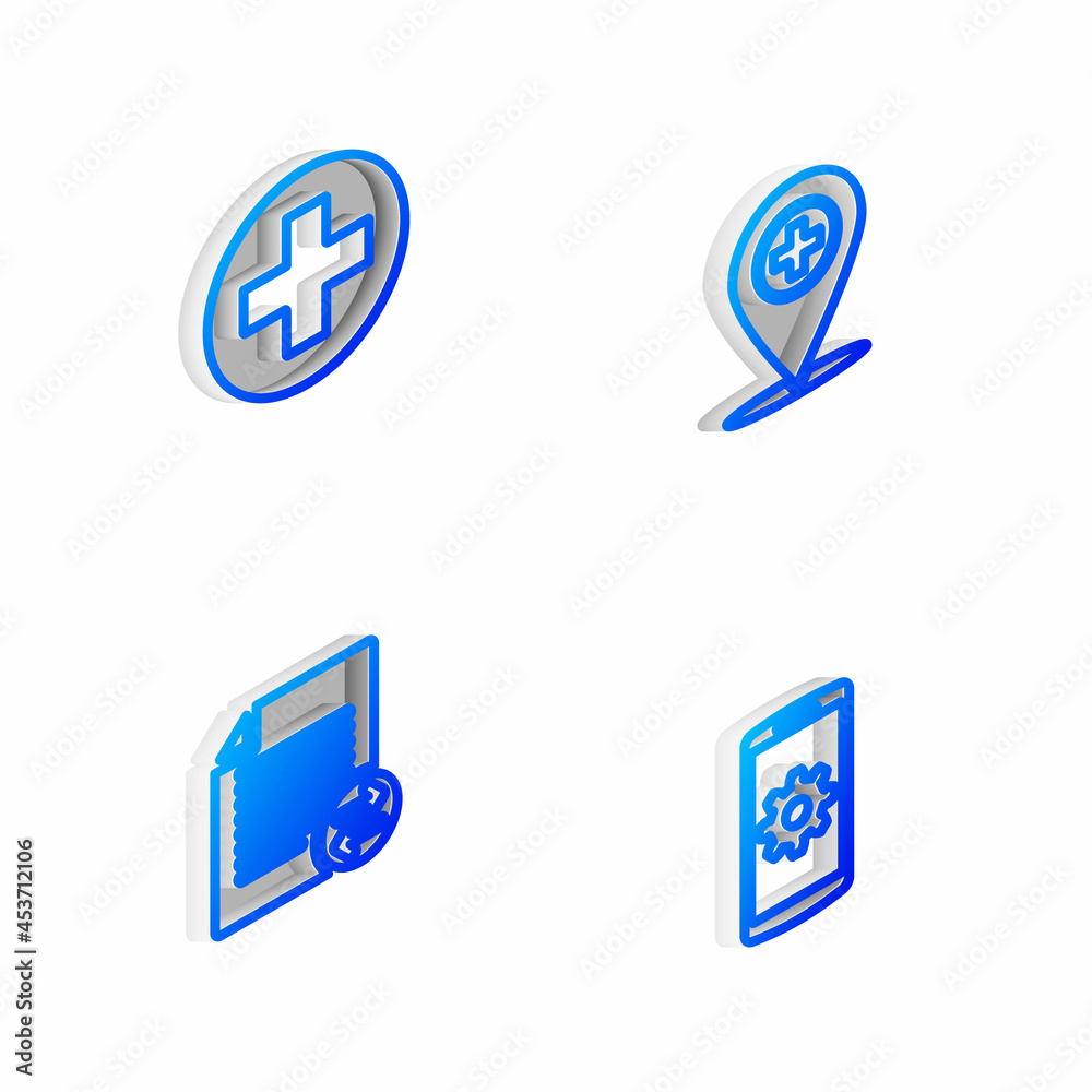 Set Isometric line Medical location with cross, in circle, Transfer files and Setting smartphone icon. Vector Set Isometric line Medical location with cross, in circle, Transfer files and Setting smartphone icon. Vector