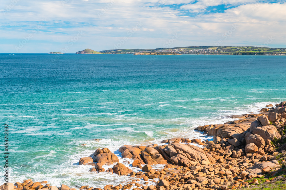 Picturesque coastline of the Encounter Bay viewed from Port Elliot lookout  on a bright day, Fleurieu Peninsula, South Australia