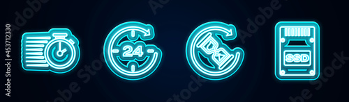 Set line Stopwatch, Clock 24 hours, Waiting and SSD card. Glowing neon icon. Vector