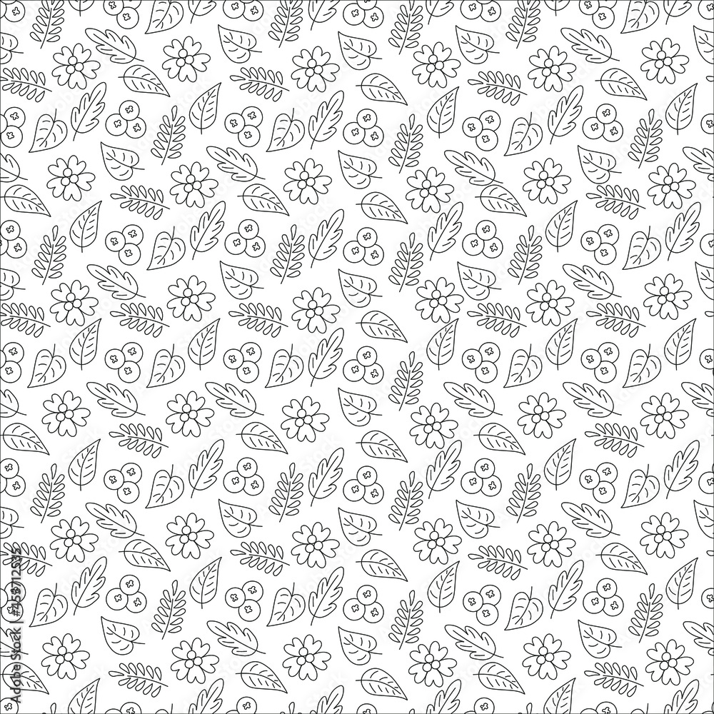 Black and white pattern with flowers and leaves.