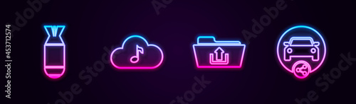 Set line Aviation bomb, Music streaming service, Folder upload and Car sharing. Glowing neon icon. Vector