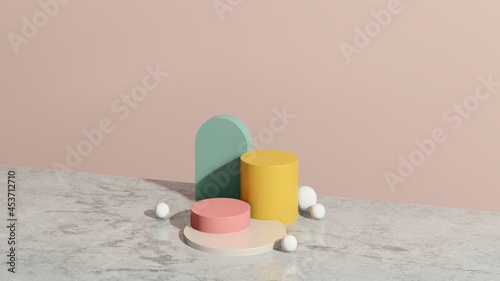 3d render image pastel color podium with colourful background product display advertisement.
